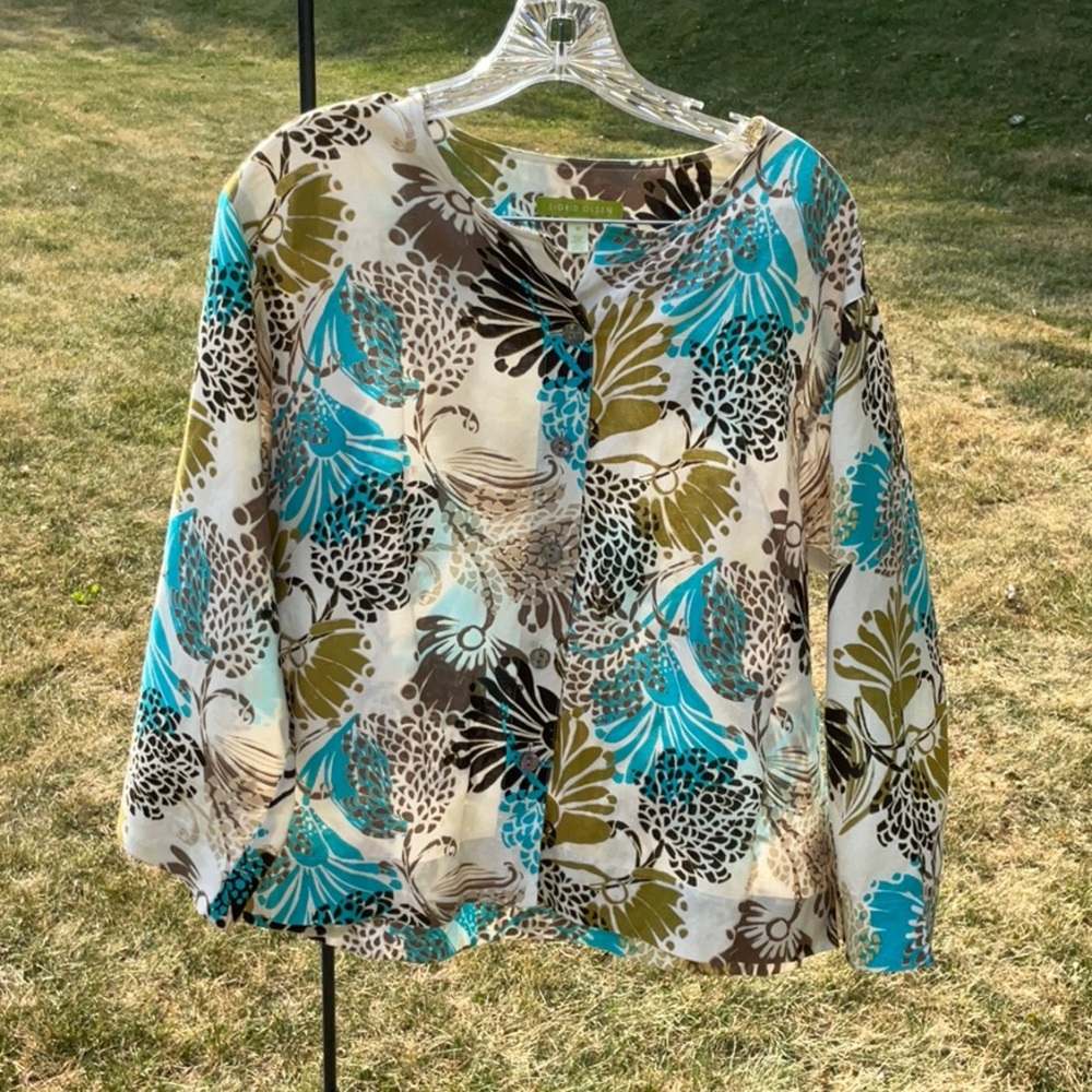 Sigrid Olsen lightweight beige, brown, turquoise, topper medium